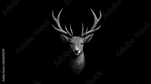 Detailed grayscale illustration of a deer head.
