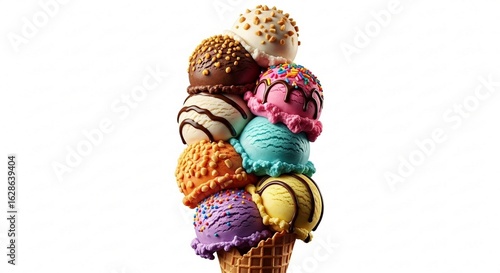 Tower of many colorful ice cream scoops on a cone isolated on white background