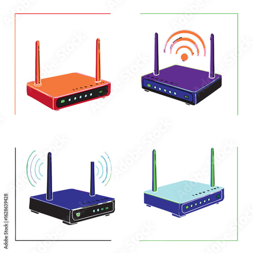 Four colorful illustrations of wireless routers, showcasing different color variations.