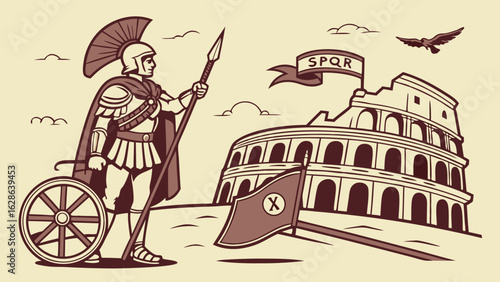 Ancient Roman soldier and Colosseum illustration. Historical Rome empire, warrior, gladiator, Italy travel.