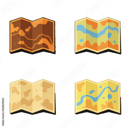 Four stylized folded maps showing diverse terrains, including land, water, and varied textures.