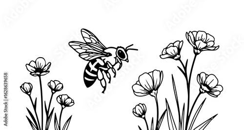 Honey bee flying among wildflowers drawing vector illustration for nature and pollination themed designs