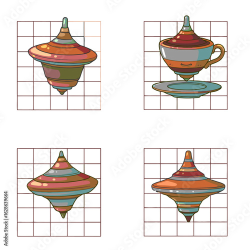 Whimsical illustration of spinning tops and a levitating teacup on a grid background.