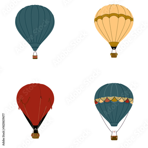Four colorful hot air balloons, each with unique designs, floating against a white background.