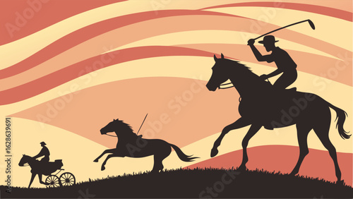 Silhouettes of various equestrian sports: horse racing, polo, and harness racing at sunset. Dynamic outdoor activity.
