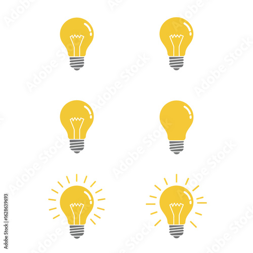 Six illustrations of light bulbs, depicting various states of illumination and design.