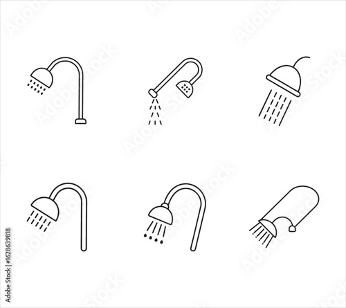 Collection of Six Shower Head Icons in Simple Line Style Showcasing Bathroom Fixtures and Plumbing Design Elements for Modern Living