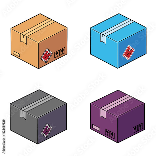 Four isometric illustrations of colorful cardboard shipping boxes.
