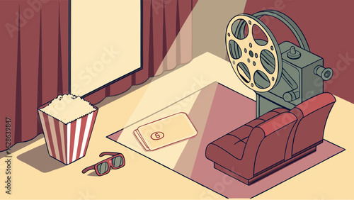 Home cinema movie night illustration with vintage film projector popcorn 3D glasses and screen for entertainment