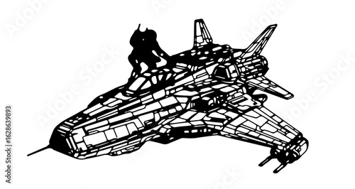 Detailed line art illustration of a futuristic spaceship fighter jet for science fiction fans and artists