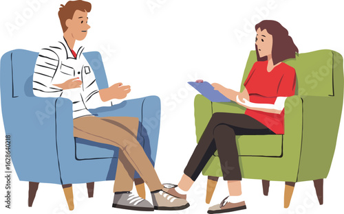 Therapy Session Depiction Man and Woman in Chairs Conversing in a Counseling Setting Modern Vector Art