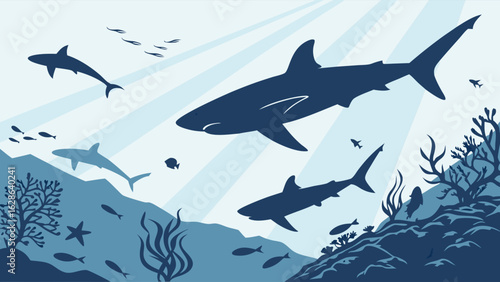 Sharks in the deep blue ocean. Underwater marine life with coral reef, fish, and sunlight rays. Aquatic nature scene.