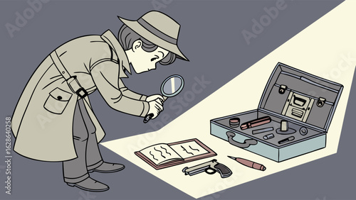 Cartoon detective investigating crime scene with magnifying glass, gun, and briefcase. Mystery and evidence.