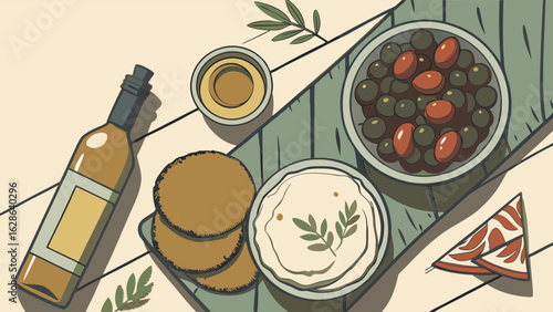Mediterranean Food Flat Lay with Olives, Hummus, Pita Bread, Olive Oil, and Wine Bottle. Healthy Appetizers.