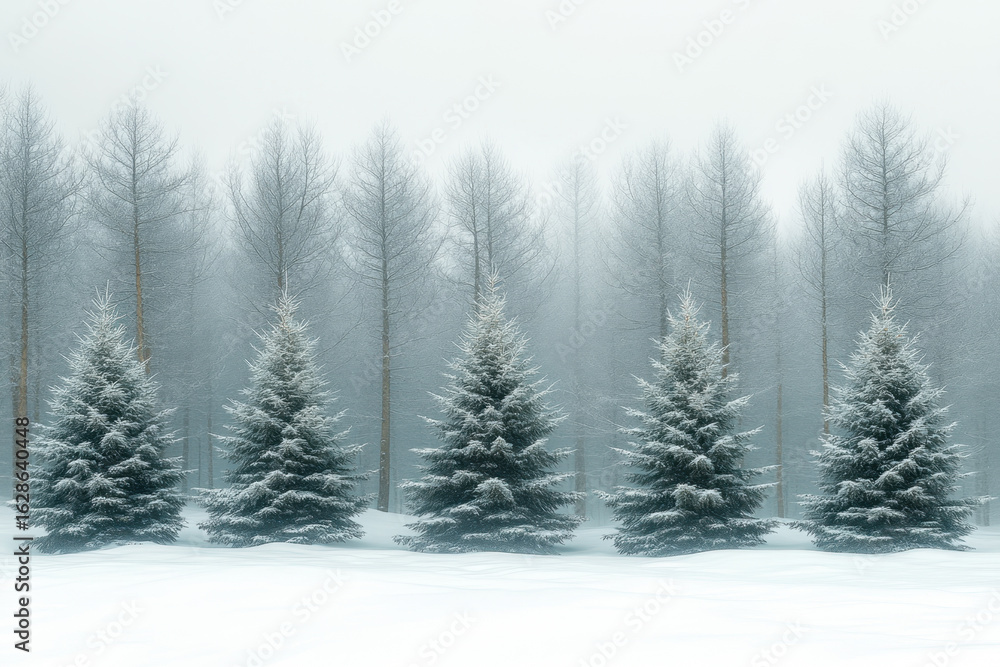 Obraz premium Row of trees standing tall in the snow.