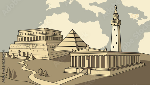 Ancient Wonders of the World. Historical landmarks including pyramids, temples, and lighthouses. Old civilization history.