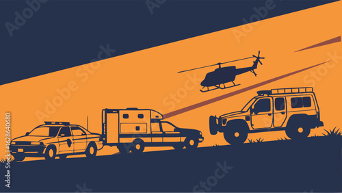 Emergency services vehicles police car ambulance SUV and helicopter public safety and rescue team illustration vector