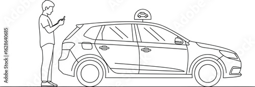 Person Booking Taxi or Ride-Share via Smartphone App Outline Illustration