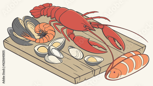 Cooked seafood platter with fresh lobster, shrimp, mussels, and clams on a rustic wooden board. Delicious gourmet meal.