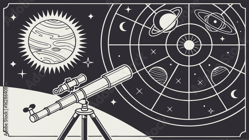 Astronomy and astrology concept with telescope, planets, stars, and zodiac chart. Space exploration and science.