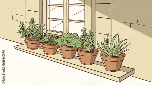 Potted fresh herbs and green plants on a sunny window sill. Home gardening, natural light, and healthy green living.