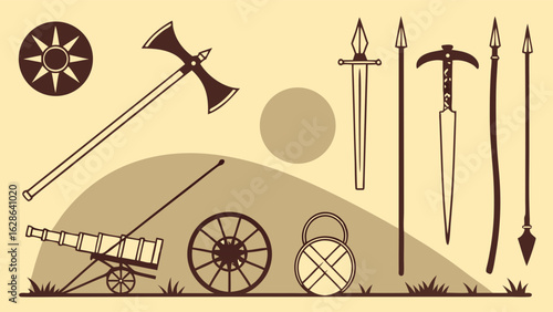 Medieval weapons collection. Ancient war tools, swords, axes, spears, shields, cannon. Vintage military equipment.