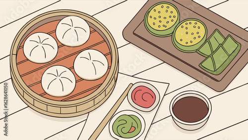 Delicious Asian steamed dumplings baozi and dim sum with various dipping sauces, chopsticks, and sweet green desserts.