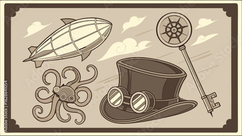 Steampunk vintage illustration set with airship, mechanical octopus, top hat, goggles, and ornate key. Retro fantasy.