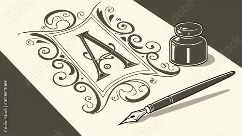 Vintage calligraphy writing set with elegant letter A, antique fountain pen, and inkwell on old paper.