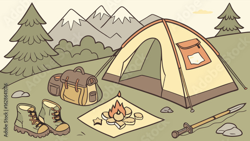 Outdoor camping scene with tent, campfire, hiking boots, backpack, mountains, and fantasy sword.