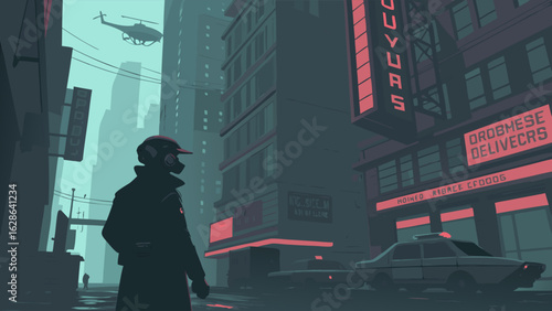 Dystopian cyberpunk city street at night with a man in a gas mask neon lights tall buildings and a helicopter Future