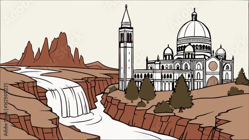 Illustrated desert canyon landscape with river waterfall and mountains Grand domed church and tall bell tower travel destination