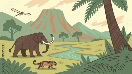 Prehistoric Ice Age landscape with woolly mammoth, saber-toothed tiger, volcano, and river. Ancient wildlife illustration.