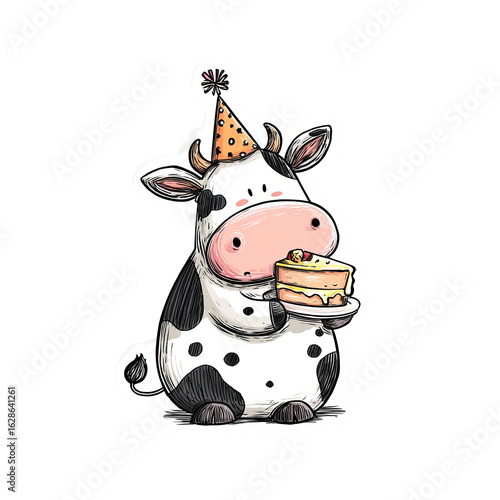 adorable cow wearing a playful tiny party hat illustration
