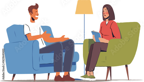 Therapy Session Illustrated with Two People Sitting in Armchairs Conversing With a Lamp in the Background During the Day