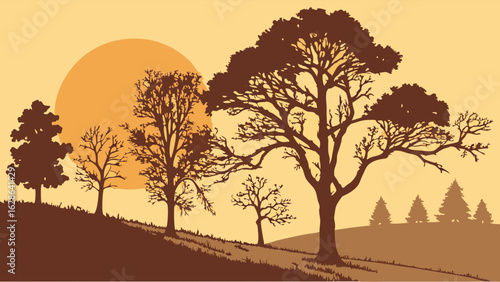 Beautiful sunset landscape with silhouetted trees on rolling hills. Peaceful nature scene at dusk or dawn. Outdoor tranquility.