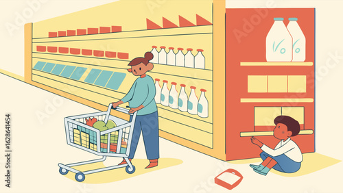 Mother and child shopping for groceries in a supermarket aisle with a cart. Family lifestyle, everyday retail scene.