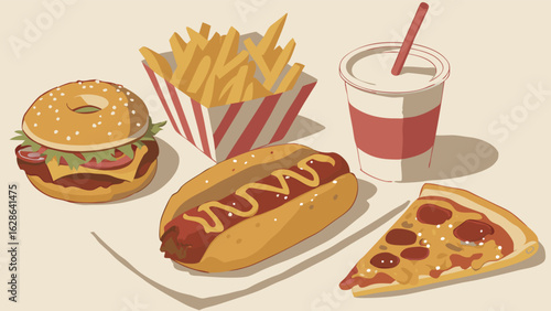 Burger, french fries, hot dog, pizza slice, and soda drink. Classic fast food meal. Unhealthy junk food.