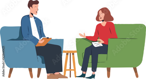 Therapy Session Illustration Two People Discussing Issues Seated Face to Face Comfortable Setting