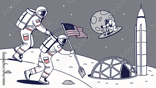 Astronauts planting American flag on moon, future space exploration, lunar colonization, rocket, futuristic base.