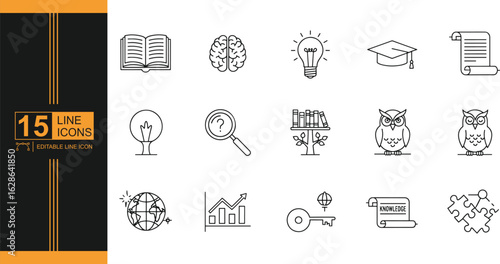 Collection of Fifteen Line Icons Representing Knowledge Education and Learning Covering Diverse Concepts from Books to Brainpower