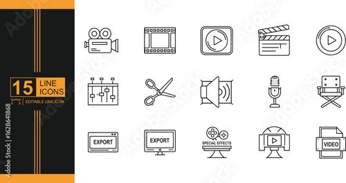 Collection of Fifteen Line Icons Representing the Film and Video Production Process for Creative Projects