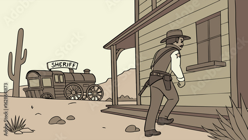 Wild West Sheriff walking to office in desert town. Cartoon cowboy lawman illustration. Vintage sepia style.