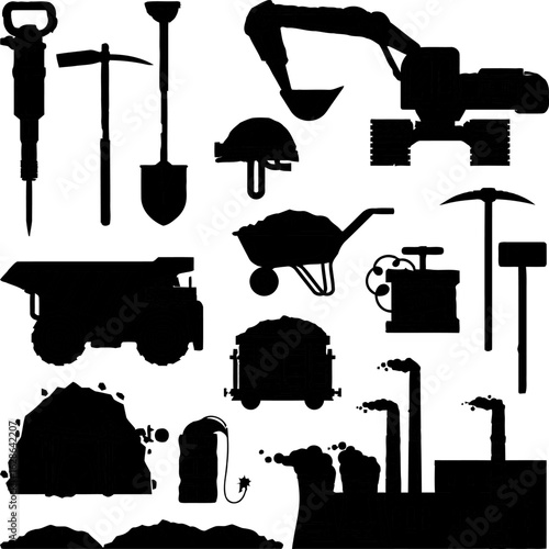 Construction and Mining Equipment Icons – Silhouettes of Jackhammer, Excavator, Dump Truck, and Tools