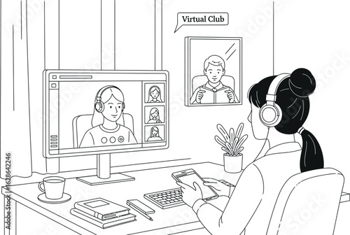 Online Virtual Club Meeting Illustration: Young Woman Attending Video Call for Remote Learning and Community