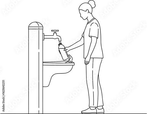Sustainable Hydration: Person Refilling Water Bottle at Public Fountain - Black and White Line Art