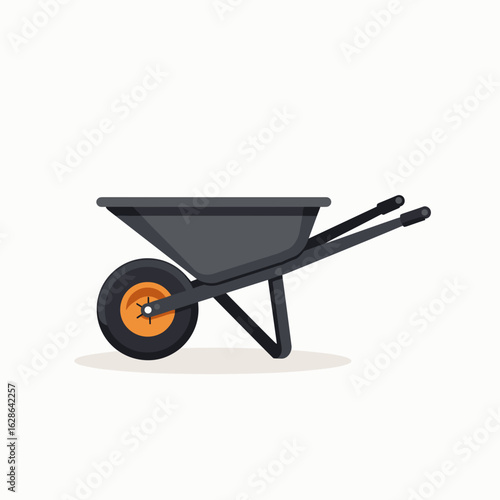 Simple black wheelbarrow with orange wheel on white background  