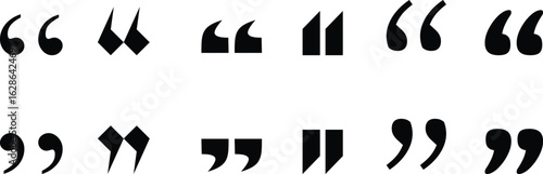 Collection of black quotation mark icons in various styles. Ideal for editorial, publishing, or graphic design use. Clean symbols for quotes, citations, and spoken text elements.