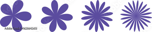 Set of four abstract purple flower icons with increasing petal detail. Modern floral symbols ideal for design, decoration, or branding. Flat vector silhouettes for creative projects.