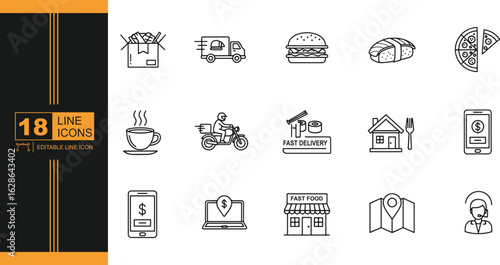 Collection of Online Food Ordering and Delivery Icons Representing Convenience and Modern Lifestyle Services in Vector Format